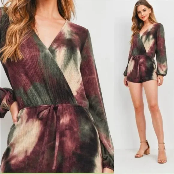 Tie Dye Surplice Romper Long Sleeve NWT - Picture 2 of 7